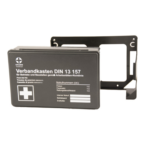 GRAMM medical Betriebsverbandkasten MINI + Wandhalterung schwarz DIN 13 157