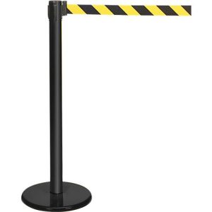 Gurtpfosten GLA45, inkl. Bodenteller ø 320 mm & Gurtkassette 2,3 m Auszug, H 955 mm, Metall, schwarz, Gurt schwarz-gelb Gurtpfosten GLA45, inkl. Bodenteller ø 320 mm & Gurtkassette 2,3 m Auszug, H 955 mm, Metall, schwarz, Gurt schwarz-gelb