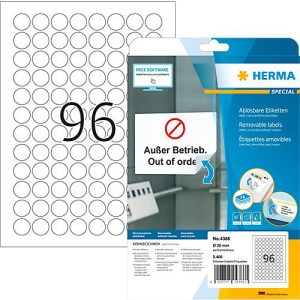 Herma ablösbare Etiketten Nr. 4386, rund, Ø 20 mm, selbstklebend, bedruckbar, Papier, weiß, 2400 Stück auf 25 Blatt Herma ablösbare Etiketten Nr. 4386, rund, Ø 20 mm, selbstklebend, bedruckbar, Papier, weiß, 2400 Stück auf 25 Blatt