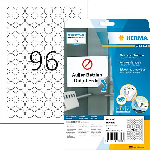Herma ablösbare Etiketten Nr. 4386, rund, Ø 20 mm, selbstklebend, bedruckbar, Papier, weiß, 2400 Stück auf 25 Blatt