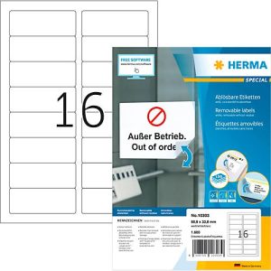 Herma Adressetiketten Special Nr. 10303, 88,9 x 33,8 mm, selbstklebend, ablösbar, bedruckbar, weiß, 1600 Stück auf 100 Blatt Herma Adressetiketten Special Nr. 10303, 88,9 x 33,8 mm, selbstklebend, ablösbar, bedruckbar, weiß, 1600 Stück auf 100 Blatt