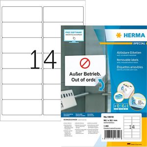 Herma Adressetiketten Special Nr. 10310, 99,1 x 38,1 mm, selbstklebend, ablösbar, bedruckbar, weiß, 1400 Stück auf 100 Blatt Herma Adressetiketten Special Nr. 10310, 99,1 x 38,1 mm, selbstklebend, ablösbar, bedruckbar, weiß, 1400 Stück auf 100 Blatt