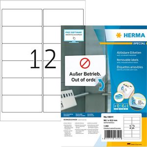 Herma Adressetiketten Special Nr. 10311, 99,1 x 42,3 mm, selbstklebend, ablösbar, bedruckbar, weiß, 1200 Stück auf 100 Blatt Herma Adressetiketten Special Nr. 10311, 99,1 x 42,3 mm, selbstklebend, ablösbar, bedruckbar, weiß, 1200 Stück auf 100 Blatt