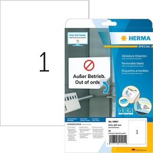 Herma Etiketten Nr. 10021, 210 x 297 mm, ablösbar, selbstklebend, sichere Haftung, Papier, weiß, 25 Stück Herma Etiketten Nr. 10021, 210 x 297 mm, ablösbar, selbstklebend, sichere Haftung, Papier, weiß, 25 Stück