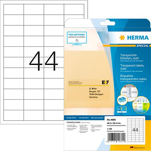 Herma Folienetiketten Special Nr. 4680, 48,3 x 25,4 mm, wetterfest, bedruckbar, permanent, transparent, 1100 Stück auf 25 Blatt