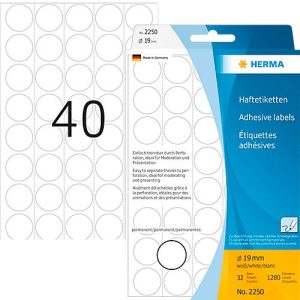 HERMA Klebepunkte 2250, Ø 19 mm, selbstklebend, permanenthaftend, per Hand beschreibbar, 1280 Stück auf 32 Blatt, FSC®-Papier, weiß HERMA Klebepunkte 2250, Ø 19 mm, selbstklebend, permanenthaftend, per Hand beschreibbar, 1280 Stück auf 32 Blatt, FSC®-Papier, weiß