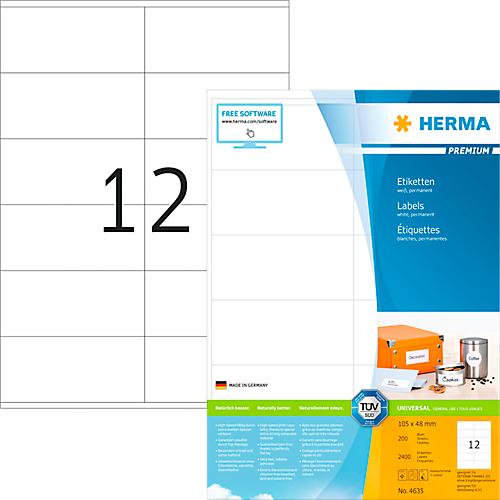 Herma Premium-Adressetiketten Nr. 4635, 105 x 48 mm, selbstklebend, permanenthaftend, bedruckbar, Papier, weiß, 2400 Stück auf 200 Blatt