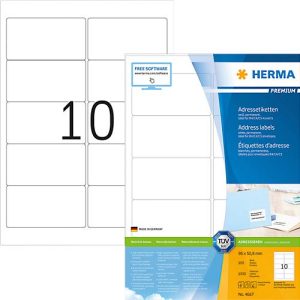 Herma Premium-Adressetiketten Nr. 4667 auf DIN A4-Blättern, 1000 Etiketten, 100 Bogen Herma Premium-Adressetiketten Nr. 4667 auf DIN A4-Blättern, 1000 Etiketten, 100 Bogen