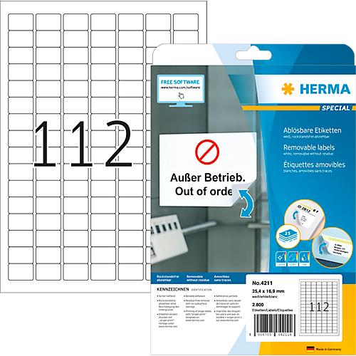 Herma Qualitäts-Etiketten Nr. 4211, selbstklebend, ablösbar, bedruckbar, weiß, 2800 Stück auf 25 Blatt