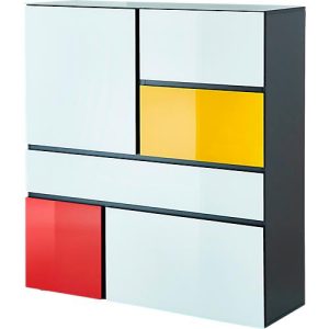 Highboard, mit 3 Türen, 1 Schublade und 1 Klappe, Glasfront- und auflage, B 1200 x T 400 x H 1300 mm, schwarz/weiß/gelb/rot Highboard, mit 3 Türen, 1 Schublade und 1 Klappe, Glasfront- und auflage, B 1200 x T 400 x H 1300 mm, schwarz/weiß/gelb/rot