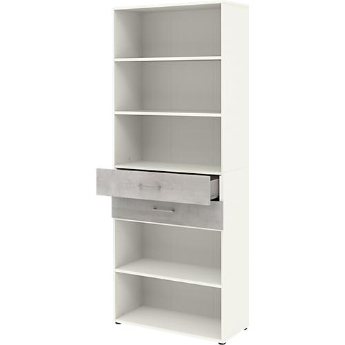 Home Office Kombiregal TEMPIO, aus Holz, 2 Einschübe, 6 OH, B 800 x T 330 x H 2130 mm, weiß/Beton