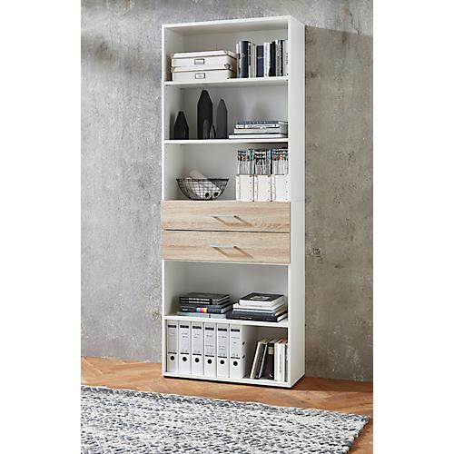 Home Office Kombiregal TEMPIO, aus Holz, 2 Einschübe, 6 OH, B 800 x T 330 x H 2130 mm, weiß/Sonoma Eiche