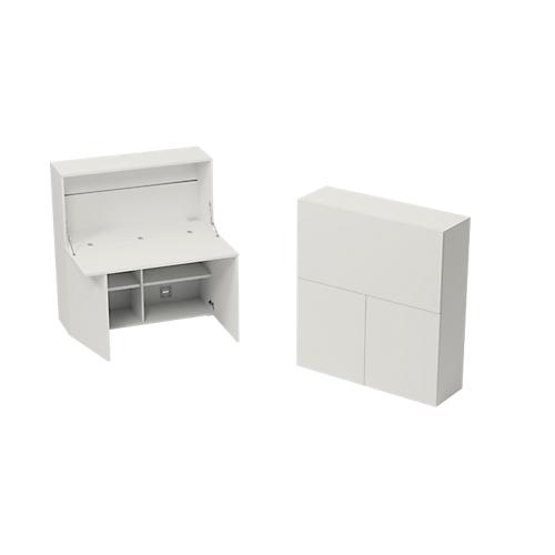 Homeoffice Sekretär, Tischplatte B 1200 x H 600 mm, Kabeldurchlässe/Systemschiene/Klappfach, B 1200 x T 380 x H 1320 mm, Holz, weiß