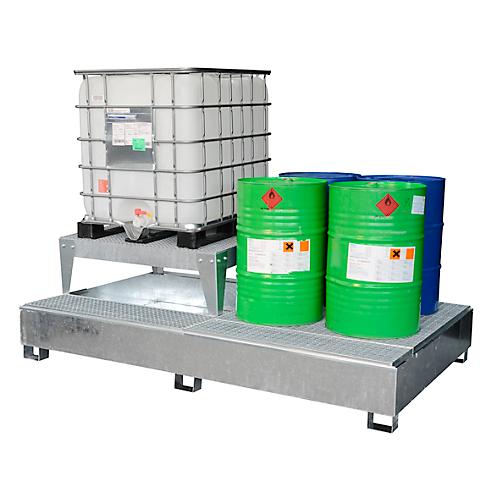 IBC-Auffangwanne CEMO GS2 AB2, Stahl, 1000 l Auffangvolumen, verzinkt, mit 2 Abfüllböcken, L 2680 x B 1255 x H 810 mm