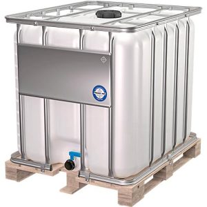 IBC Container, 1000 Liter, HDPE, stapelbar, Auslaufventil, auf Holzpalette, B 1200 x T 800 x H 1163 mm, natur IBC Container, 1000 Liter, HDPE, stapelbar, Auslaufventil, auf Holzpalette, B 1200 x T 800 x H 1163 mm, natur