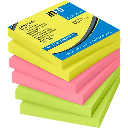 inFO Power Notes Haftnotizen, 75 x 75 mm, 80 Blatt pro Block, 6 Blöcke, 3 Farben