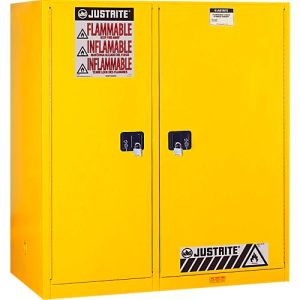 Justrite FM-Sicherheitsschrank Double-Duty Vertical Drum Sure-Grip® EX, bis 435 Liter, manuell schließende Türen, gelb Justrite FM-Sicherheitsschrank Double-Duty Vertical Drum Sure-Grip® EX, bis 435 Liter, manuell schließende Türen, gelb