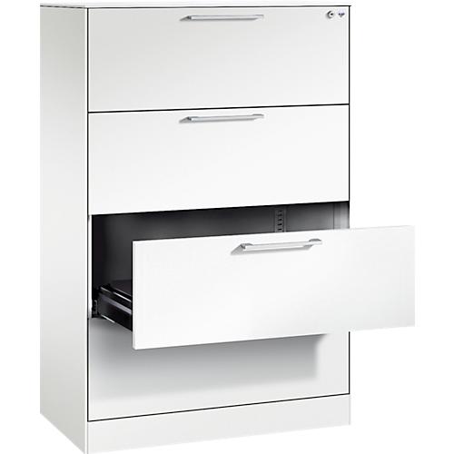 Karteikartenschrank, 2-bahnig für A4 quer, 4 Schübe mit Vollauszug & Bügelgriffen, Zentralverschluss, B 800 x T 435 x H 1298 mm, weiß/weiß