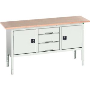 Kastenwerkbank Bott verso, mit Multiplex-Platte, 3 Schubladen & 2 Türen, B 1750 x T 600 x H 830 – 930 mm, RAL 7035 Lichtgrau Kastenwerkbank Bott verso, mit Multiplex-Platte, 3 Schubladen & 2 Türen, B 1750 x T 600 x H 830 – 930 mm, RAL 7035 Lichtgrau