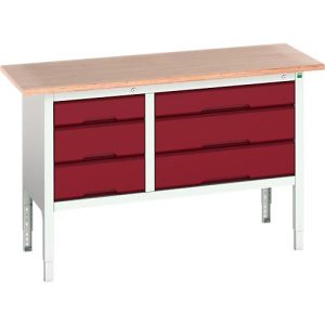 Kastenwerkbank Bott verso, mit Multiplex-Platte, 6 Schubladen, B 1500 x T 600 x H 830 – 930 mm, Lichtgrau RAL 7035/ Purpurrot RAL 3004 Kastenwerkbank Bott verso, mit Multiplex-Platte, 6 Schubladen, B 1500 x T 600 x H 830 – 930 mm, Lichtgrau RAL 7035/ Purpurrot RAL 3004