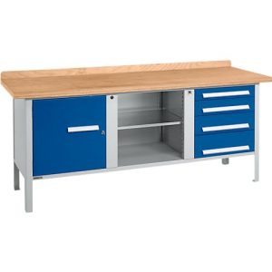 Kastenwerkbank Schäfer Shop Select PW 200-1, Buche Multiplexplatte, bis 750 kg, B 2000 x T 700 x H 840 mm, Enzianblau