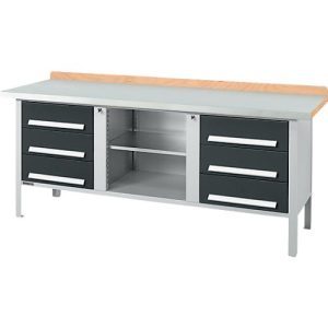 Kastenwerkbank Schäfer Shop Select PW 200-2, ESD, Buche Multiplexplatte, mit Stahlabdeckung, bis 750 kg, B 2000 x T 700 x H 840 mm, Anthrazit