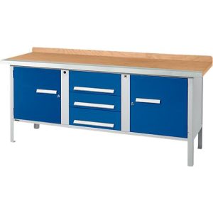 Kastenwerkbank Schäfer Shop Select PW 200-4, Buche Multiplexplatte, mit Stahlkante, bis 750 kg, B 2000 x T 700 x H 840 mm, Enzianblau