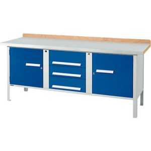 Kastenwerkbank Schäfer Shop Select PW 200-4, ESD, Buche Multiplexplatte, mit Stahlabdeckung, bis 750 kg, B 2000 x T 700 x H 840 mm, Enzianblau