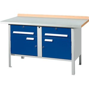 Kastenwerkbank Schäfer Shop Select PWi 150-0, ESD, Buche Multiplexplatte, mit Stahlabdeckung, bis 750 kg, B 1500 x T 700 x H 840 mm, Enzianblau
