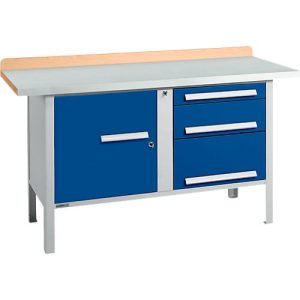 Kastenwerkbank Schäfer Shop Select PWi 150-7, ESD, Buche Multiplexplatte, mit Stahlabdeckung, bis 750 kg, B 1500 x T 700 x H 840 mm, Enzianblau