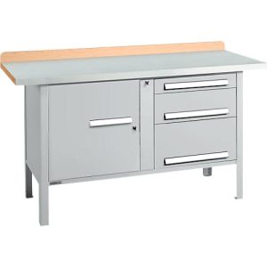 Kastenwerkbank Schäfer Shop Select PWi 150-7, ESD, Buche Multiplexplatte, mit Stahlabdeckung, bis 750 kg, B 1500 x T 700 x H 840 mm, Weißaluminium