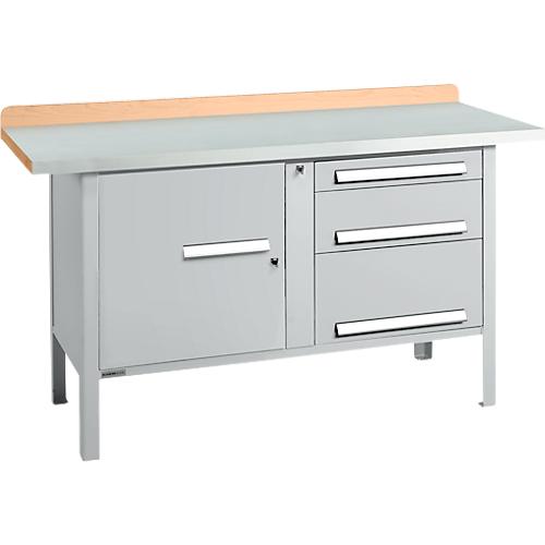 Kastenwerkbank Schäfer Shop Select PWi 150-7, ESD, Buche Multiplexplatte, mit Stahlabdeckung, bis 750 kg, B 1500 x T 700 x H 840 mm, Weißaluminium