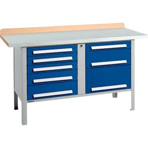 Kastenwerkbank Schäfer Shop Select PWi 150-8, ESD, Buche Multiplexplatte, mit Stahlabdeckung, bis 750 kg, B 1500 x T 700 x H 840 mm, Enzianblau