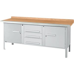 Kastenwerkbank Schäfer Shop Select PWi 200-4, Buche Multiplexplatte, mit Stahlkante, bis 750 kg, B 2000 x T 700 x H 840 mm, Weißaluminium