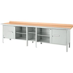 Kastenwerkbank Schäfer Shop Select PWi 300-1, Buche Multiplexplatte, mit Stahlkante, bis 750 kg, B 3000 x T 700 x H 840 mm, Lichtgrau