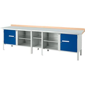 Kastenwerkbank Schäfer Shop Select PWi 300-1, ESD, Buche Multiplexplatte, mit Stahlabdeckung, bis 750 kg, B 3000 x T 700 x H 840 mm, Enzianblau