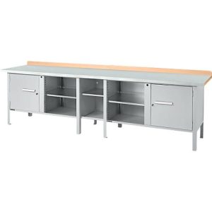 Kastenwerkbank Schäfer Shop Select PWi 300-1, ESD, Buche Multiplexplatte, mit Stahlabdeckung, bis 750 kg, B 3000 x T 700 x H 840 mm, Weißaluminium