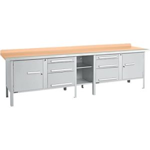 Kastenwerkbank Schäfer Shop Select PWi 300-2, Buche Multiplexplatte, mit Stahlkante, bis 750 kg, B 3000 x T 700 x H 840 mm, Weißaluminium