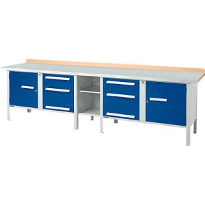 Kastenwerkbank Schäfer Shop Select PWi 300-2, ESD, Buche Multiplexplatte, mit Stahlabdeckung, bis 750 kg, B 3000 x T 700 x H 840 mm, Enzianblau