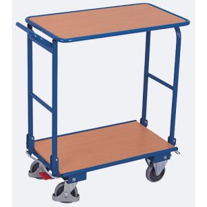 Klappbügelwagen, Stahl/MDF-Platte, Enzianblau/Buche-Dekor, 2 Etagen, L 720 x B 450 mm, klappbarer mit Querstrebe, TPE-Rollen mit EasySTOP, bis 150 kg Klappbügelwagen, Stahl/MDF-Platte, Enzianblau/Buche-Dekor, 2 Etagen, L 720 x B 450 mm, klappbarer mit Querstrebe, TPE-Rollen mit EasySTOP, bis 150 kg