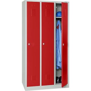 Kleiderspind, 3 Türen, B 900 x H 1800 mm, Drehriegelverschluss, lichtgrau/rot Kleiderspind, 3 Türen, B 900 x H 1800 mm, Drehriegelverschluss, lichtgrau/rot