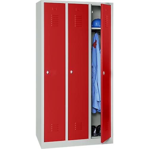 Kleiderspind, 3 Türen, B 900 x H 1800 mm, Drehriegelverschluss, lichtgrau/rot