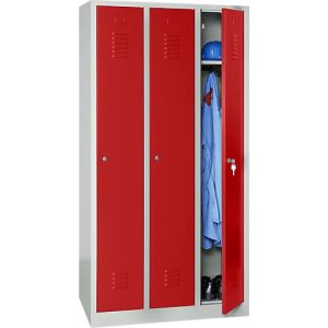 Kleiderspind, 3 Türen, B 900 x H 1800 mm, Zylinderschloss, lichtgrau/rot Kleiderspind, 3 Türen, B 900 x H 1800 mm, Zylinderschloss, lichtgrau/rot