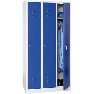 Kleiderspind, 3 Türen, Vorhängeschloss, B 1118 x H 1800 mm, lichtgrau/blau Kleiderspind, 3 Türen, Vorhängeschloss, B 1118 x H 1800 mm, lichtgrau/blau