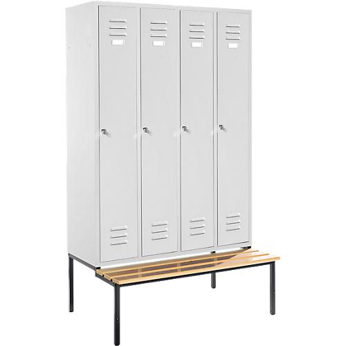 Kleiderspind, 4 Abteile, Sitzbank, Zylinderschloss, 102 kg, lichtgrau
