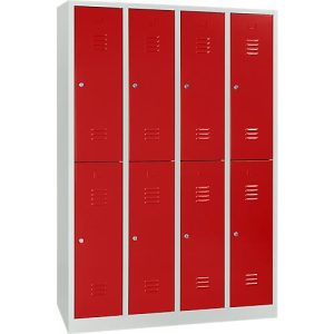 Kleiderspind, 4 Abteile übereinander, B 1170 x H 1950 mm, Zylinderschloss, lichtgrau/feuerrot Kleiderspind, 4 Abteile übereinander, B 1170 x H 1950 mm, Zylinderschloss, lichtgrau/feuerrot