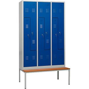 Kleiderspind, 6 Abteile, mit Sitzbank, 6 Fächer, mit Z-Türen, Zylinderschloss, lichtgrau/blau Kleiderspind, 6 Abteile, mit Sitzbank, 6 Fächer, mit Z-Türen, Zylinderschloss, lichtgrau/blau