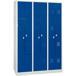 Kleiderspind, 6 Abteile, mit Sockel, 6 Fächer, mit Z-Türen, Drehriegelverschluss, lichtgrau/blau Kleiderspind, 6 Abteile, mit Sockel, 6 Fächer, mit Z-Türen, Drehriegelverschluss, lichtgrau/blau