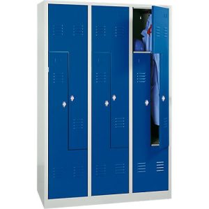 Kleiderspind, 6 Abteile, mit Sockel, 6 Fächer, mit Z-Türen, Zylinderschloss, lichtgrau/blau Kleiderspind, 6 Abteile, mit Sockel, 6 Fächer, mit Z-Türen, Zylinderschloss, lichtgrau/blau