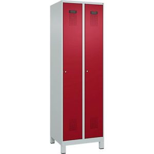 Kleiderspind C+P Evolo Plus, 2 Abteile, 300 mm Abteilbreite, mit Füßen, Anschlag rechts, Zylinderschloss, B 600 x T 500 x H 1950 mm, lichtgrau/rubinrot Kleiderspind C+P Evolo Plus, 2 Abteile, 300 mm Abteilbreite, mit Füßen, Anschlag rechts, Zylinderschloss, B 600 x T 500 x H 1950 mm, lichtgrau/rubinrot